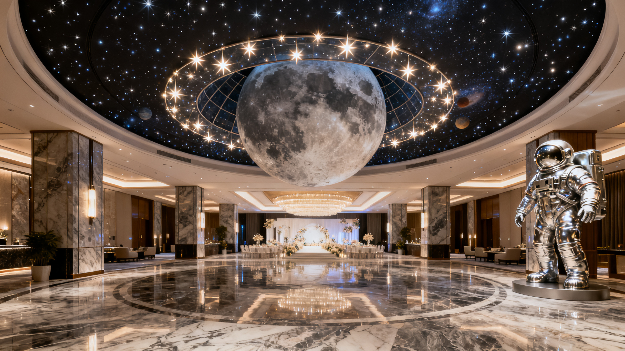 荣悦台五棵松万达店大堂实景 - 星辰家园宇宙星辰主题月球穹顶星空装置